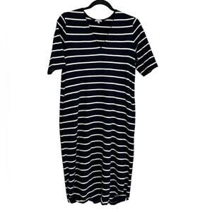 Jigsaw Cotton Navy Blue Striped V-Neck Midi Dress - Size M